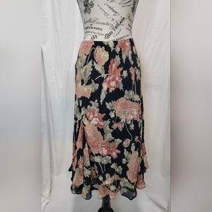 Chaps Asymmetrical Skirt in Black with Pink Floral